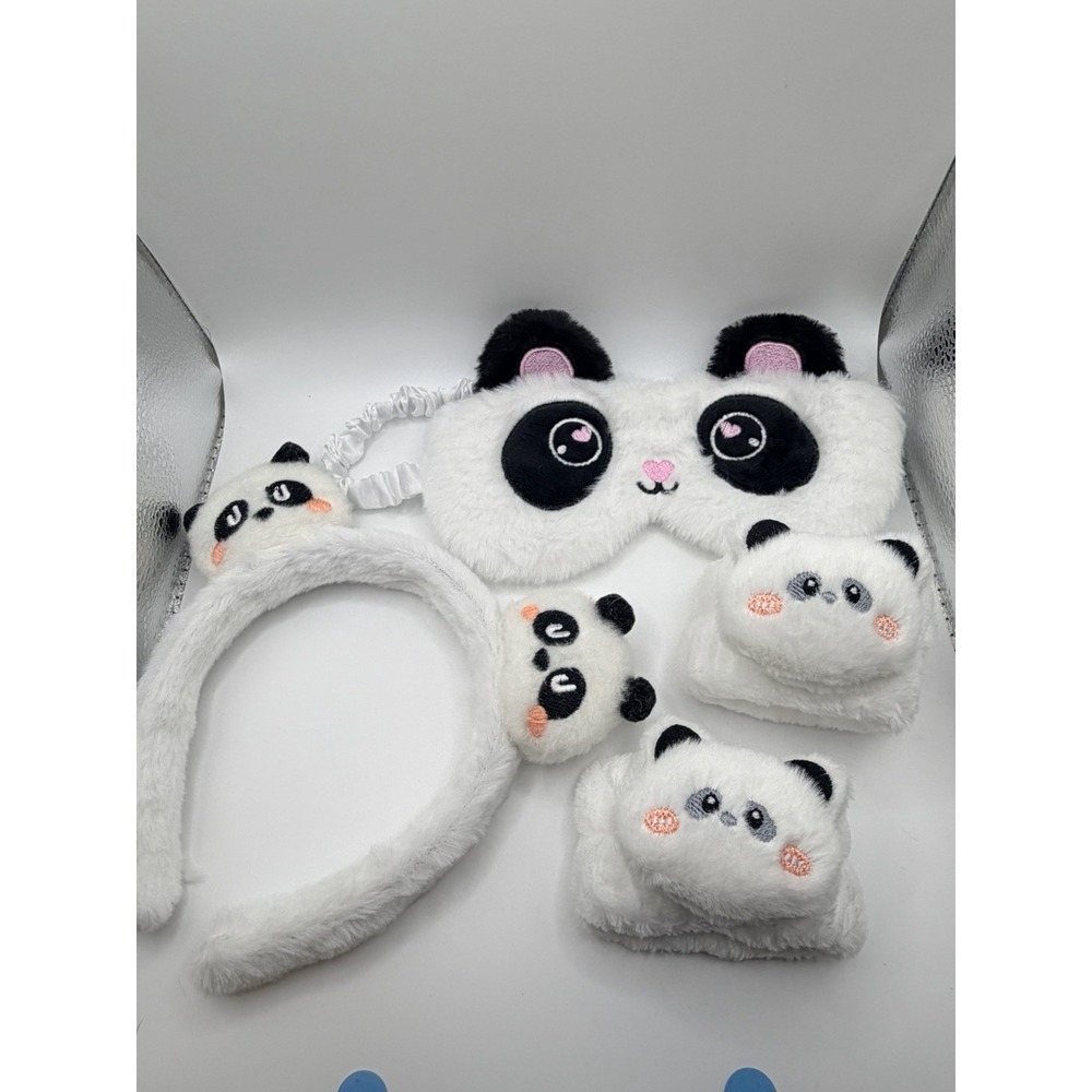 Cute Panda Plush Spa Headband Set w/ Sleep Mask & Wrist Wash Cuffs‎ – 4 Pc